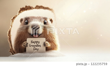 Charming groundhog peers out of his burrow, holding a sign "Happy Groundhog Day". The groundhog symbolizes the arrival of spring and the tradition of weather prediction, expressing themes of 122235759