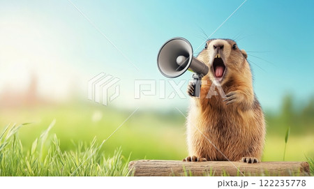 A lively groundhog screaming into megaphone symbolizes fun around Groundhog Day, ads for promotions, advertisement and communication, marketing. Copy space. Spring 122235778