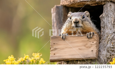 Charming groundhog peers out of his burrow, holding a empty wooden sign with copy space for text. Ideal for Groundhog Day. 122235793