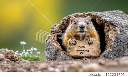 Charming groundhog peers out of his burrow, holding a sign "Happy Groundhog Day". The groundhog symbolizes the arrival of spring and the tradition of weather prediction, expressing themes of 122235795