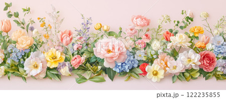 Soft Watercolor Floral Banner with Pink and Peach Flowers 122235855