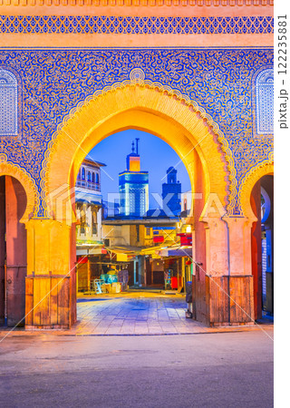 Bab Boujeloud, Blue Gate of Fes, Minaret of Madrasa Bou Inania madrasah, Medina of Fez, Morocco 122235881