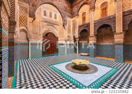 Fes, Morocco. The courtyard of Marinid Al-Attarine Madrasa of the perfumers, built in 14h Century in Fez medina. 122235882