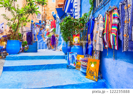 Chefchaouen, Morocco. Blue medina, ancient city, colourful flowerpots. 122235888