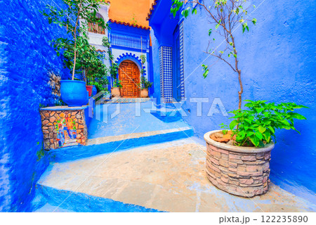 Chefchaouen, Morocco. Blue medina, ancient city, colourful flowerpots. 122235890