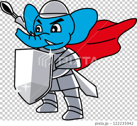 Illustration of an elephant wearing armor and holding a shield 122235942