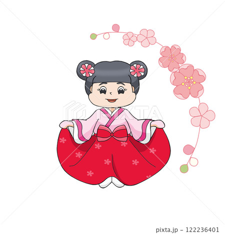 ひなまつりの着物を着た女の子 白背景 122236401