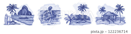 Exotic landscape watercolor set, vector hand drawn tropical ocean view, island paradise blue clipart Exotic landscape watercolor set, vector hand drawn tropical ocean view, island paradise blue clipart 122236714