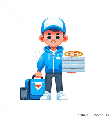 Icon with illustration of a pizza delivery man in a blue jacket and baseball cap. Illustration for food delivery services Icon with illustration of a pizza delivery man in a blue jacket and baseball cap. Illustration for food delivery services 122236814