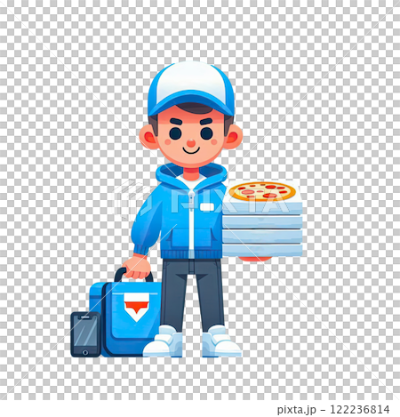 Icon with illustration of a pizza delivery man in a blue jacket and baseball cap. Illustration for food delivery services Icon with illustration of a pizza delivery man in a blue jacket and baseball cap. Illustration for food delivery services 122236814