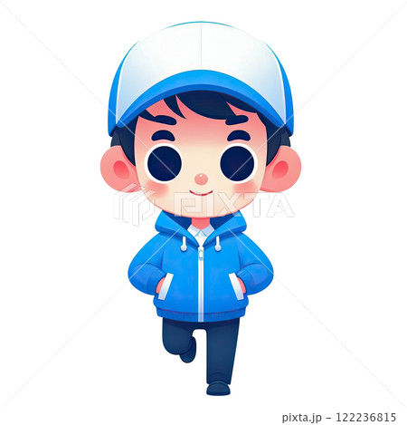 Icon with illustration of a pizza delivery man in a blue jacket and baseball cap. Illustration for food delivery services 122236815