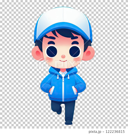 Icon with illustration of a pizza delivery man in a blue jacket and baseball cap. Illustration for food delivery services 122236815