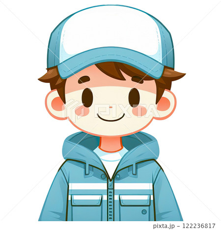 Icon with illustration of a pizza delivery man in a blue jacket and baseball cap. Illustration for food delivery services 122236817