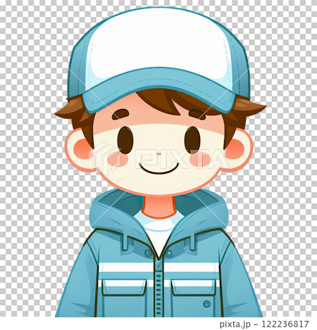 Icon with illustration of a pizza delivery man in a blue jacket and baseball cap. Illustration for food delivery services 122236817