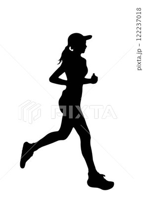 A silhouette of a woman running with determination, wearing a cap and athletic attire. The dynamic pose captures the energy and motion of a runner in mid-stride A silhouette of a woman running with determination, wearing a cap and athletic attire. The dynamic pose captures the energy and motion of a runner in mid-stride 122237018