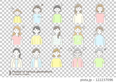 A loose illustration (set) of women of various generations [troubled faces] 122237096