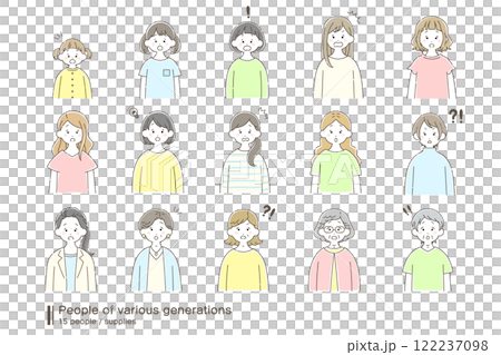 A loose illustration (set) of women of various generations [surprised faces] 122237098
