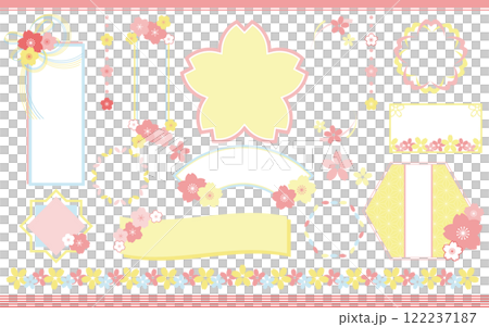 桜のフレームセット　ピンクと水色の薄黄色 122237187