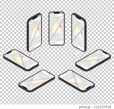 黑色智慧型手機地圖的等距插圖集 122237416
