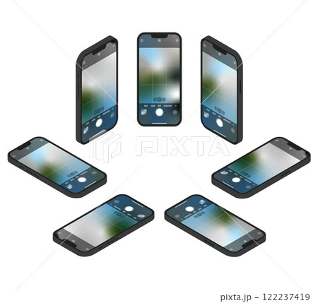 黒いスマートフォンのアイソメイラストセット_写真 122237419