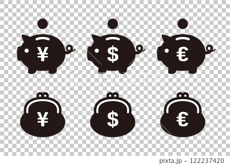 單色豬存錢筒和小袋皮夾圖示集 122237420