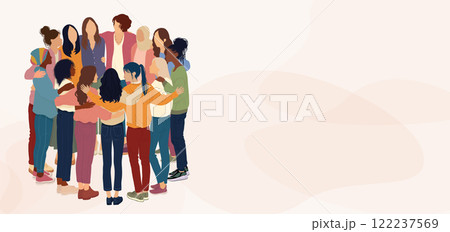 Group of multicultural women embracing in a circle. Diversity - inclusion - equality - girl power or empowerment concept.  International women s day 122237569