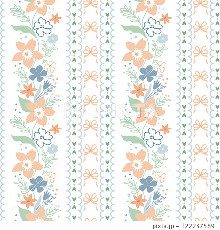 Floral grandmillennial seamless pattern. Vector coquette bows, flowers vertical stripes preppy wallpaper, cottagecore print 122237589