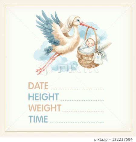 Watercolor Baby posters of newborn metric, height, weight, date of birth with stork carrying a cute baby. Newborn announcement cards, birthday party. 122237594