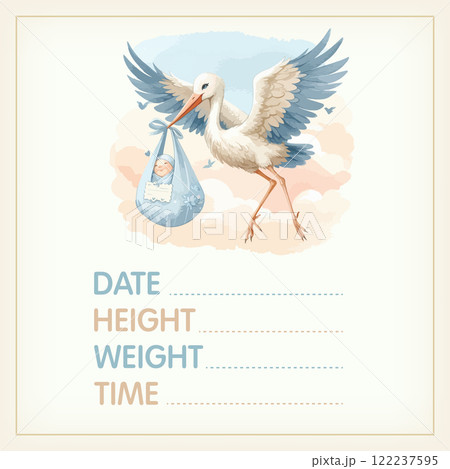 Watercolor Baby posters of newborn metric, height, weight, date of birth with stork carrying a cute baby. Newborn announcement cards, birthday party. 122237595
