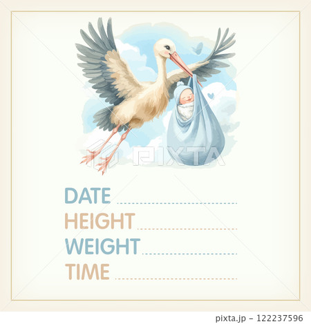 Watercolor Baby posters of newborn metric, height, weight, date of birth with stork carrying a cute baby. Newborn announcement cards, birthday party. 122237596