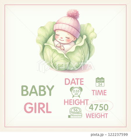 Watercolor Baby posters of newborn metric, height, weight, date of birth with newborn baby in cabbage. Newborn announcement cards, birthday party. Watercolor Baby posters of newborn metric, height, weight, date of birth with newborn baby in cabbage. Newborn announcement cards, birthday party. 122237599