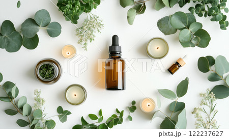 A calm setup with essential oils, eucalyptus leaves, and a diffuser, creating a soothing ambiance for self-care and relaxation. 122237627