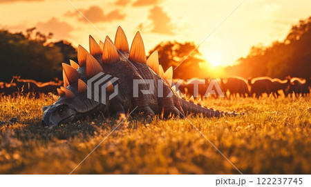 A stunning sunset backdrop reveals a majestic stegosaurus in a serene field. Nature and history meet in this captivating landscape. Perfect for educational use. Generative AI 122237745