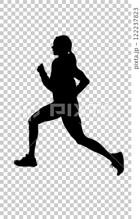 A silhouette of a female runner mid-stride, wearing athletic clothing and sneakers, against a plain white background A silhouette of a female runner mid-stride, wearing athletic clothing and sneakers, against a plain white background 122237823