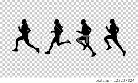 A sequence of four silhouettes of a female runner in different stages of running motion, wearing athletic clothing and sneakers, set against a plain white background A sequence of four silhouettes of a female runner in different stages of running motion, wearing athletic clothing and sneakers, set against a plain white background 122237824