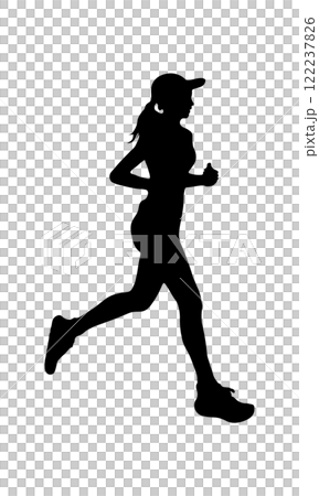 A silhouette of a woman running with determination, wearing a cap and athletic attire. The dynamic pose captures the energy and motion of a runner in mid-stride 122237826