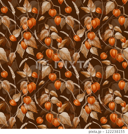Seamless pattern physalis orange branch with leaves and buds and spikelets of wheat.Decorative plant element for pumpkin harvest festival and Thanksgiving day,Halloween.With brown background Seamless pattern physalis orange branch with leaves and buds and spikelets of wheat.Decorative plant element for pumpkin harvest festival and Thanksgiving day,Halloween.With brown background 122238155