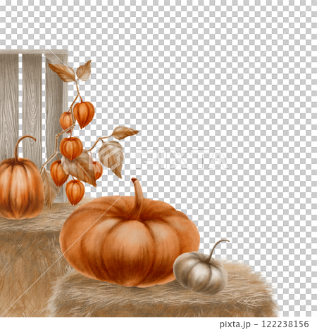 Corner fall template of orange and gray pumpkins,sprigs of physalis,hay bales and a wooden crate for pumpkin,harvest festival or Thanksgiving decorations.Watercolor clipart on a transparent background 122238156