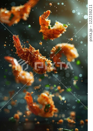 Crispy Fried Shrimp in Mid-Air with Dark Background and Falling Crumbs Crispy Fried Shrimp in Mid-Air with Dark Background and Falling Crumbs 122238211