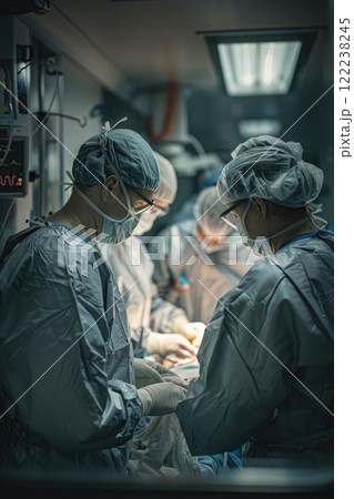 Surgeons Performing Intense Surgical Procedure in Operating Room with Focus on Precision and Teamwork 122238245