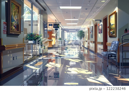 Modern Hospital Hallway with Natural Light and Art Decorations 122238246