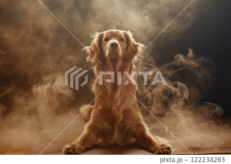 Adorable Dog Meditating in Autumn Forest with Golden Leaves and Sunlight 122238263
