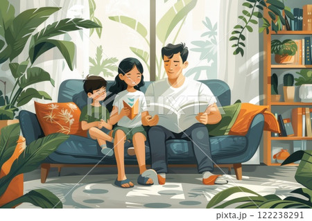 Happy Family Bonding with Children in Cozy Home with Plants and Sunlight 122238291