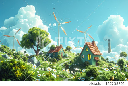 Eco-Friendly Landscape with Wind Turbines, Green Homes, and Blue Skies 122238292