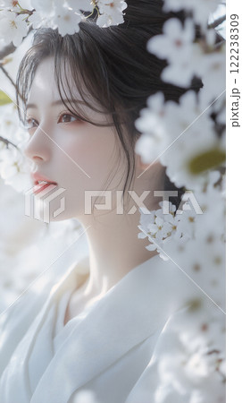 桜の木の下で白い着物を着た女性が穏やかな表情でいる 桜の木の下で白い着物を着た女性が穏やかな表情でいる 122238309