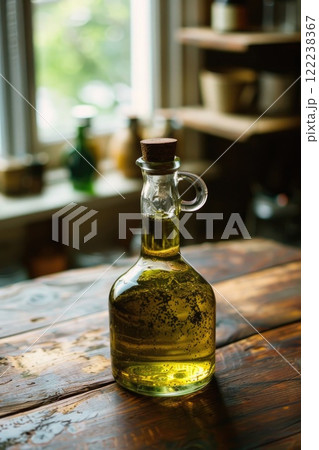 Rustic Olive Oil and Olives on Wooden Table in Sunlit Kitchen 122238367