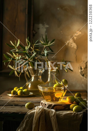 Rustic Still Life of Olive Oil and Fresh Olives on Wooden Table with Vine Leaves 122238368