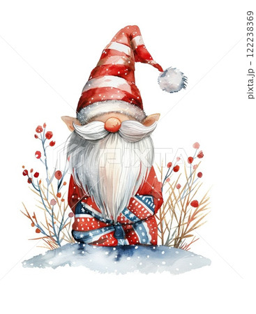 Watercolor Christmas Gnome Illustration with Red Hat and White Beard 122238369