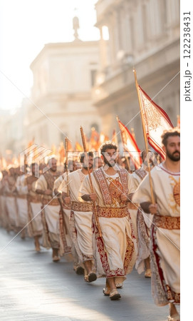 A procession of men in traditional white and red robes, carrying staffs and flags, walk through a sunlit city street 122238431