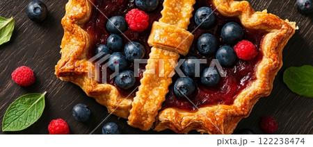 A delectable berry tart with a flaky crust, adorned with juicy blueberries and raspberries, sits on a dark wooden surface 122238474